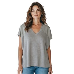 Eileen Fisher mixed media v- neck short sleeve linen silk blend top S casual